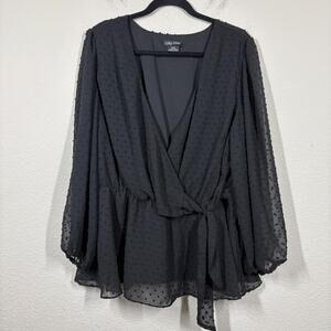 City Chic Size Medium 18 Swiss Dot Faux Wrap Peplum Top Blouse Black Long Sleeve